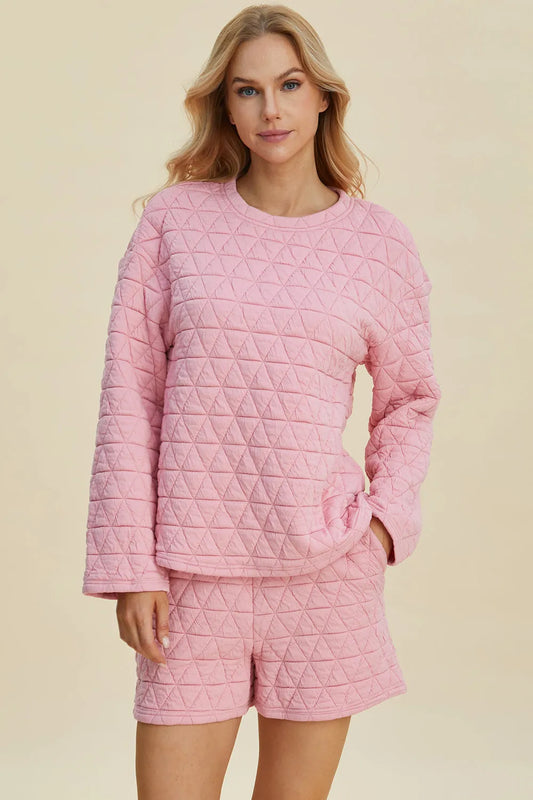 Double Take Full Size Texture Round Neck Long Sleeve Top and Shorts Set - Codrington Expressions 