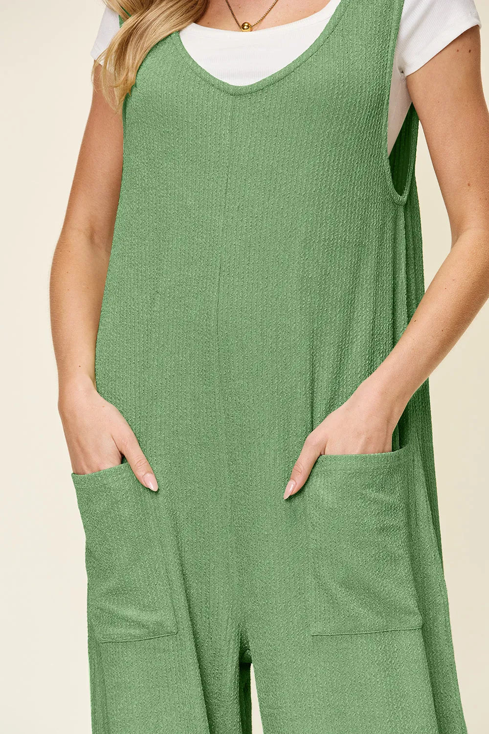 Double Take Full Size Texture Sleeveless Wide Leg Jumpsuit - Codrington Expressions 