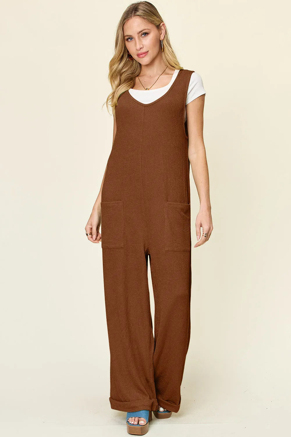 Double Take Full Size Texture Sleeveless Wide Leg Jumpsuit - Codrington Expressions 