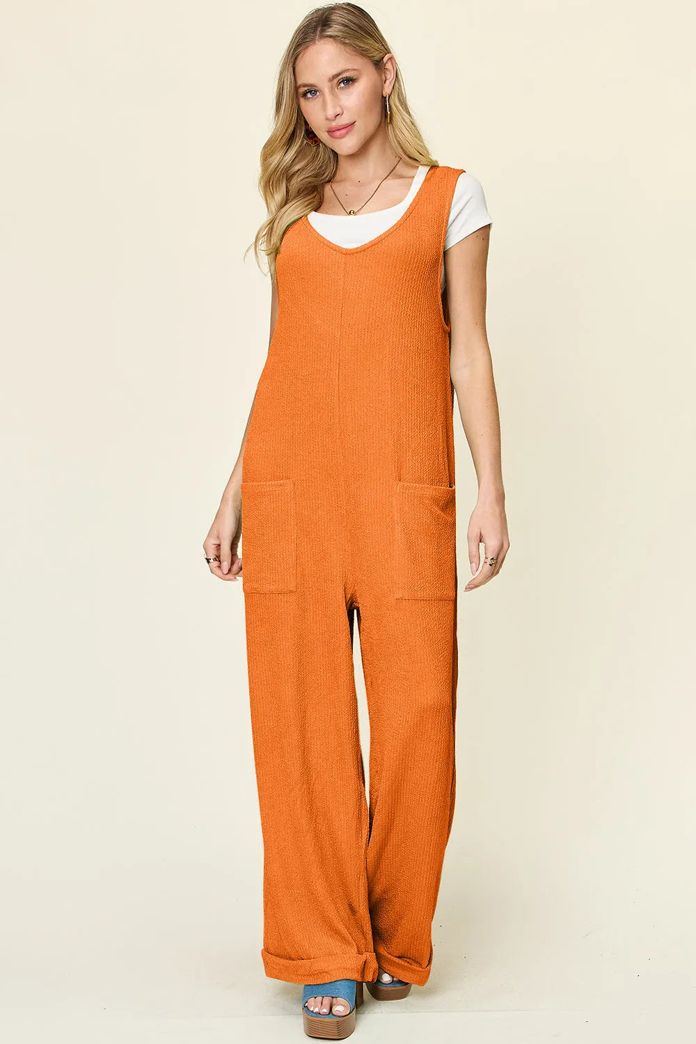 Double Take Full Size Texture Sleeveless Wide Leg Jumpsuit - Codrington Expressions 