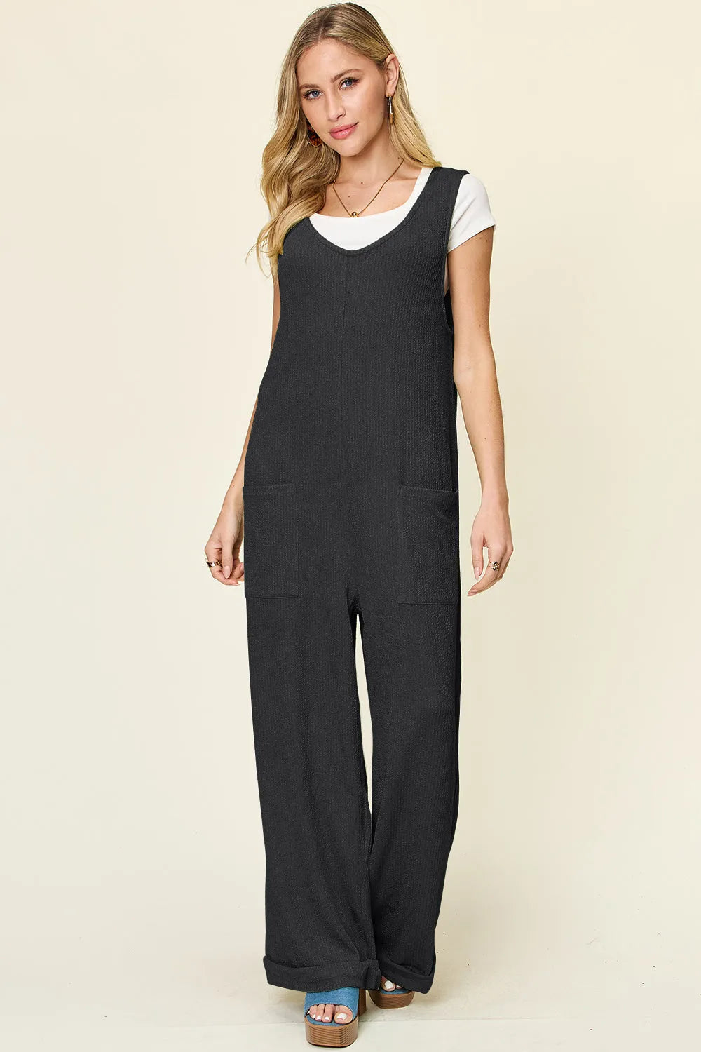 Double Take Full Size Texture Sleeveless Wide Leg Jumpsuit - Codrington Expressions 