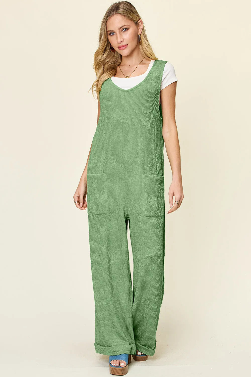 Double Take Full Size Texture Sleeveless Wide Leg Jumpsuit - Codrington Expressions 