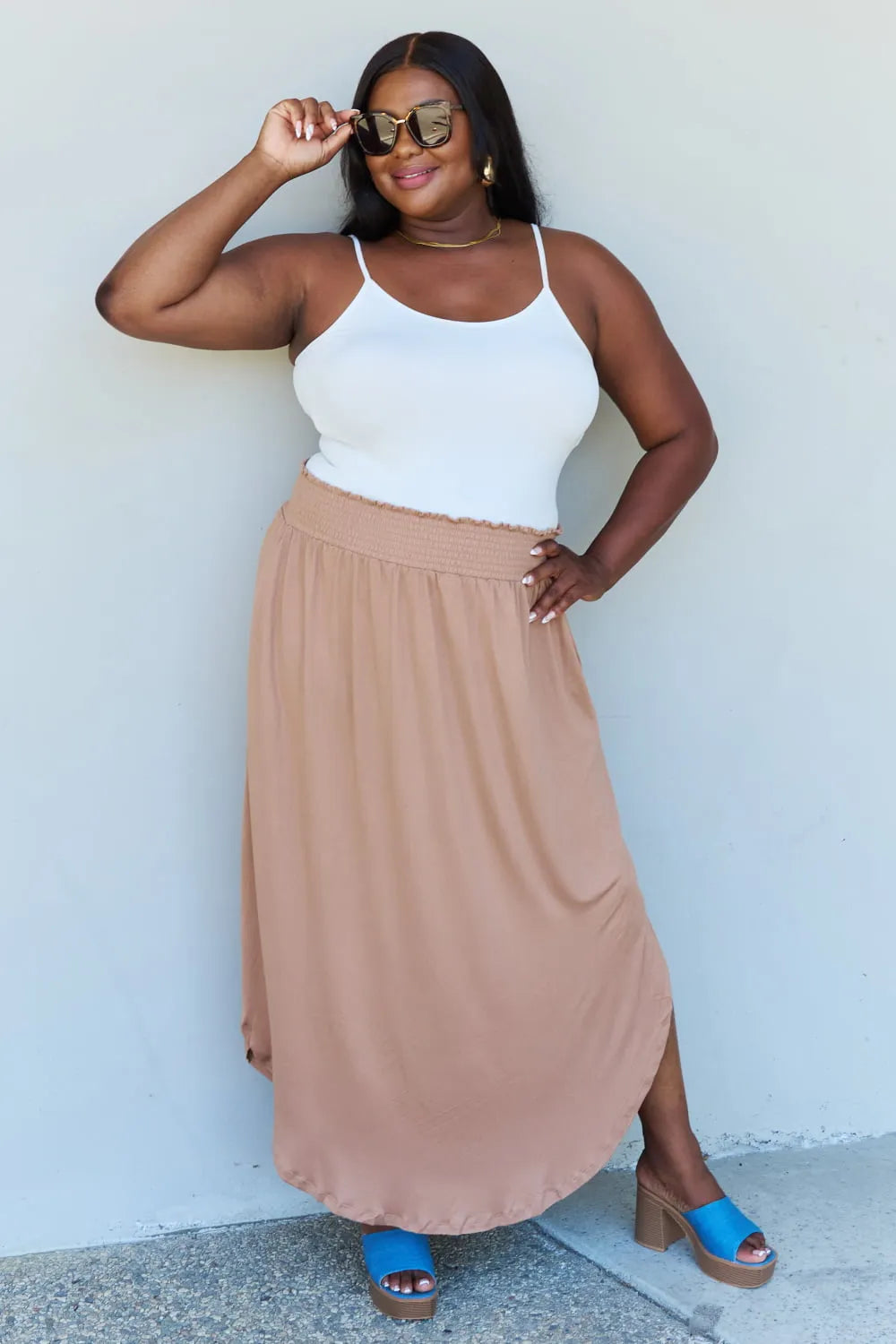 Doublju Comfort Princess Full Size High Waist Scoop Hem Maxi Skirt in Tan - Codrington Expressions 