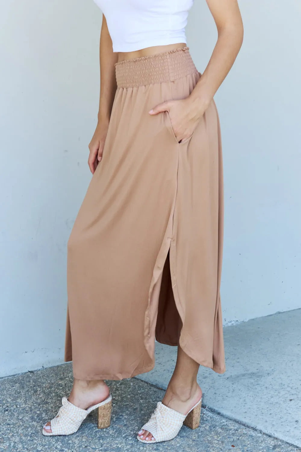 Doublju Comfort Princess Full Size High Waist Scoop Hem Maxi Skirt in Tan - Codrington Expressions 