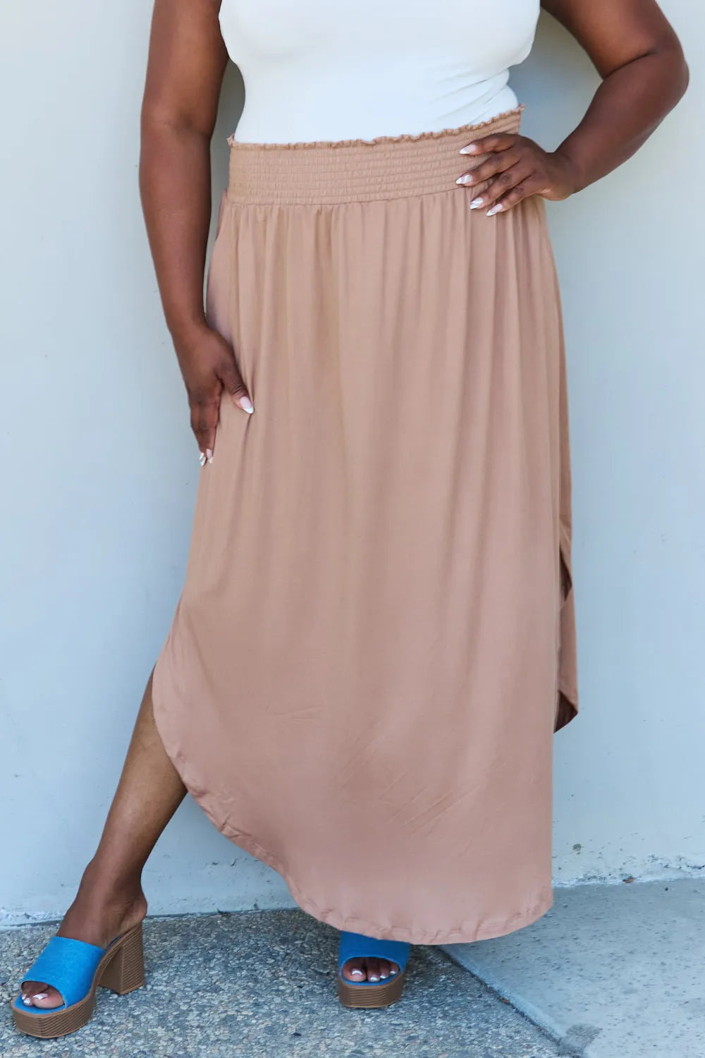 Doublju Comfort Princess Full Size High Waist Scoop Hem Maxi Skirt in Tan - Codrington Expressions 