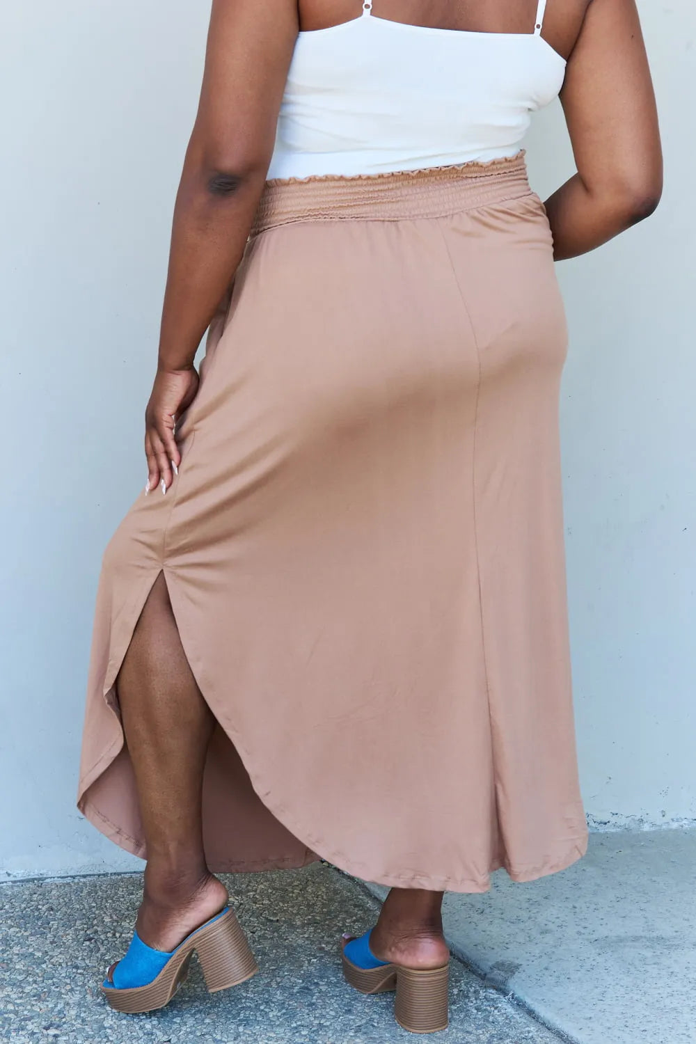 Doublju Comfort Princess Full Size High Waist Scoop Hem Maxi Skirt in Tan - Codrington Expressions 