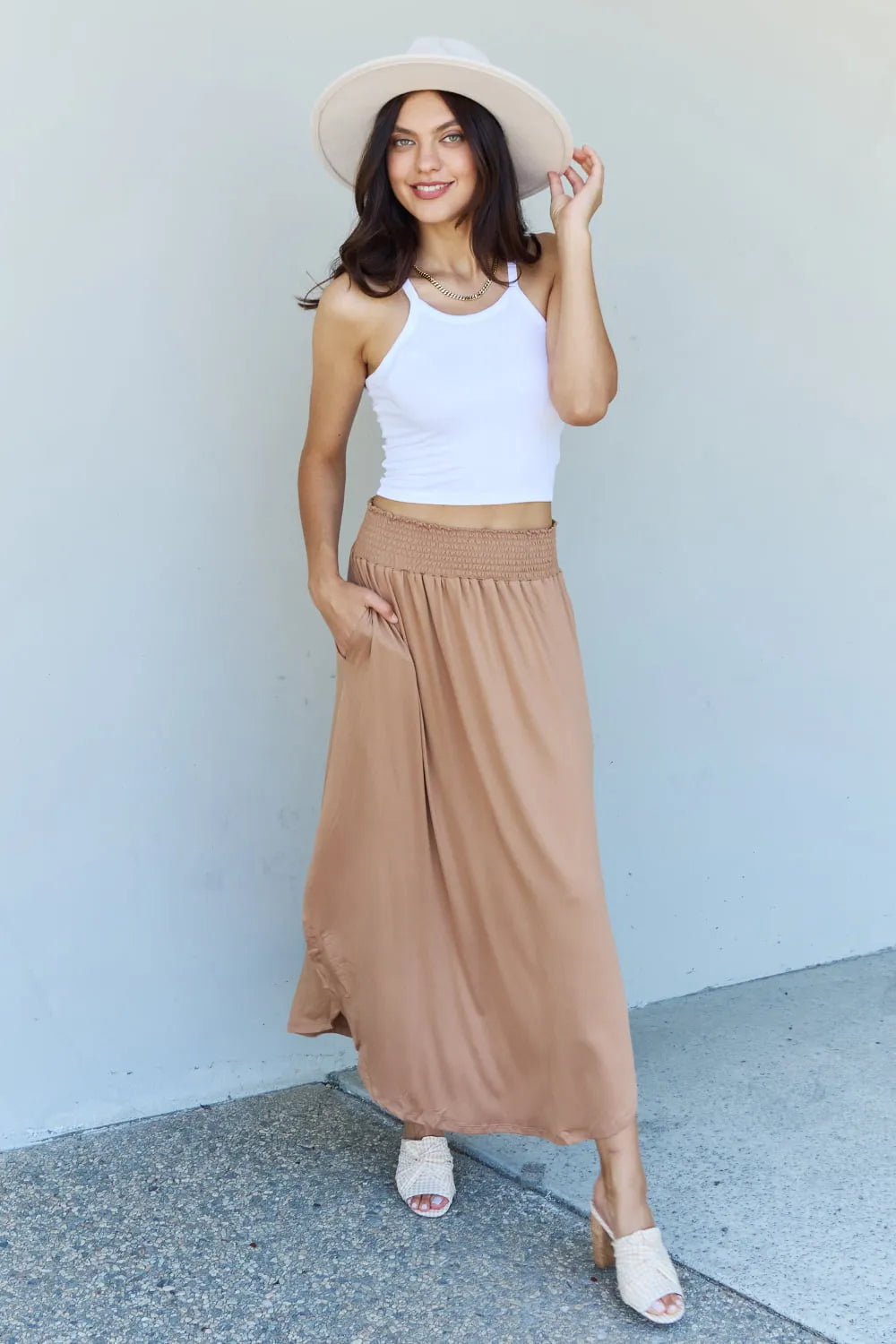 Doublju Comfort Princess Full Size High Waist Scoop Hem Maxi Skirt in Tan - Codrington Expressions 