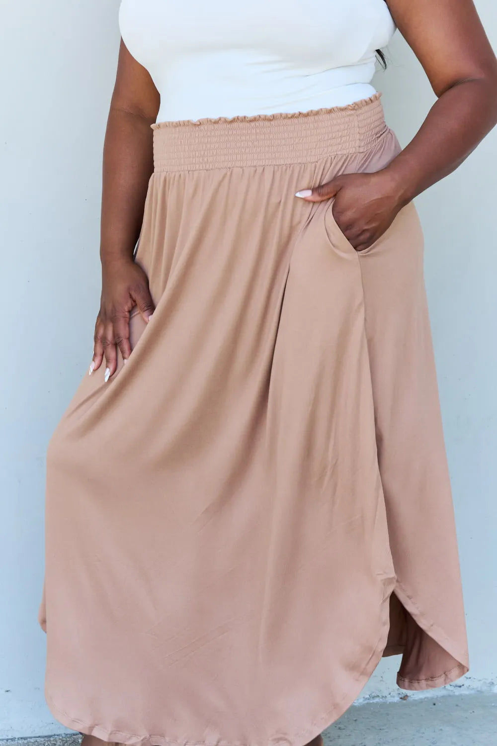 Doublju Comfort Princess Full Size High Waist Scoop Hem Maxi Skirt in Tan - Codrington Expressions 