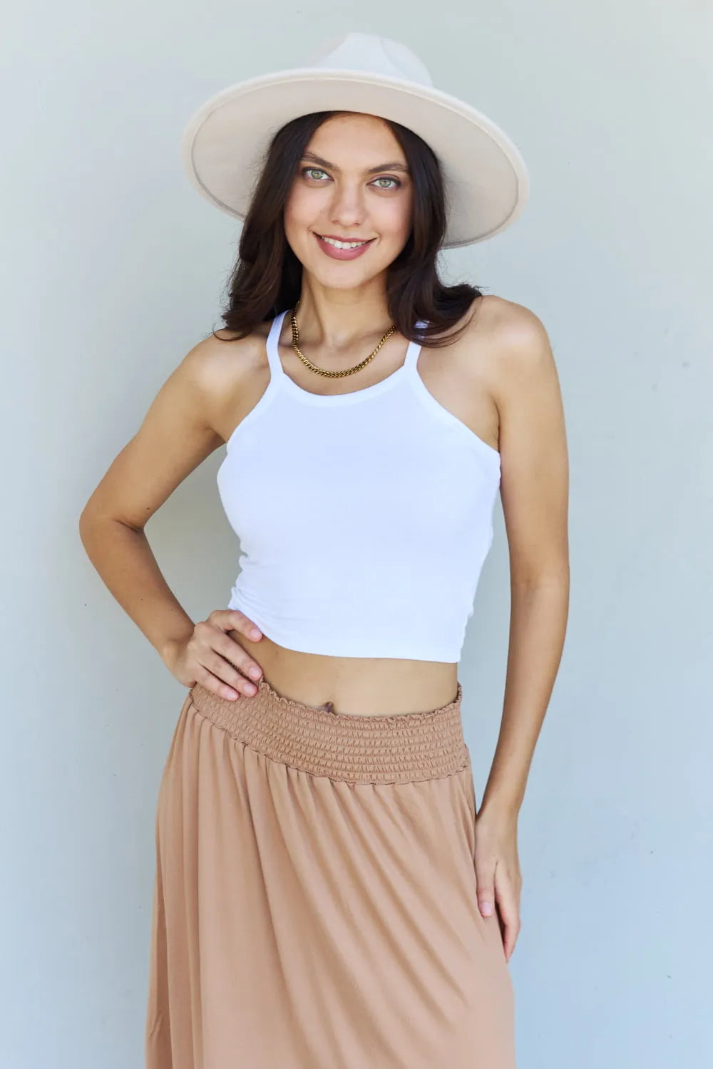 Doublju Comfort Princess Full Size High Waist Scoop Hem Maxi Skirt in Tan - Codrington Expressions 