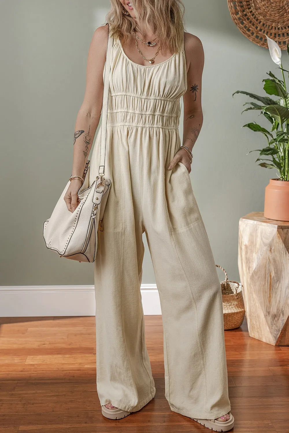Ruched Sleeveless Wide Leg Jumpsuit - Codrington Expressions 