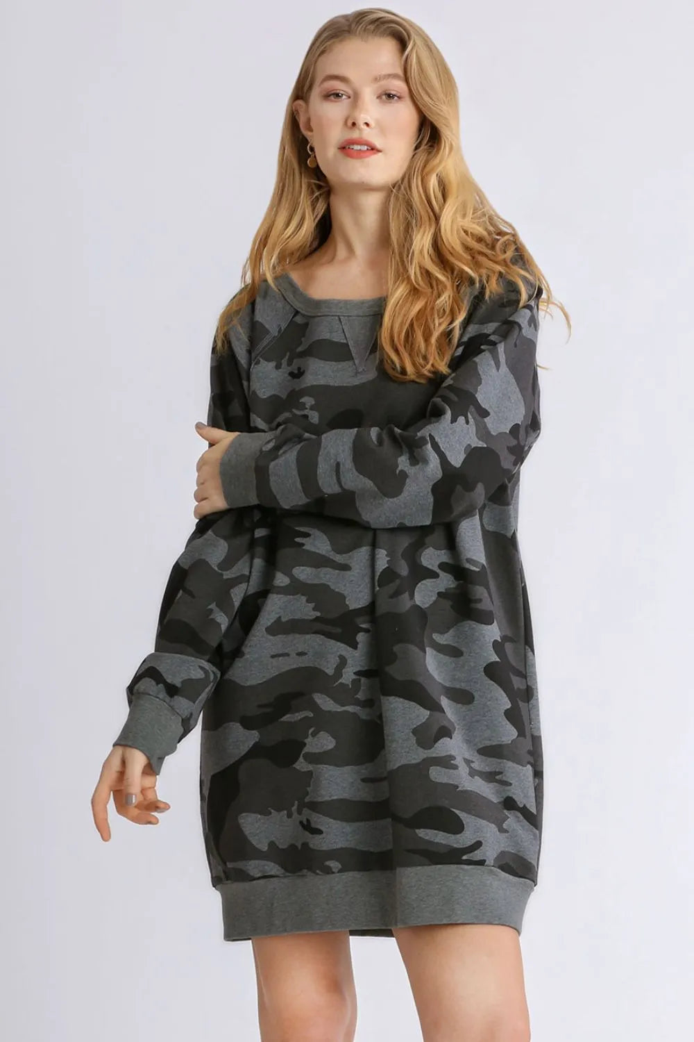 Umgee Full Size Camo Print Ribbed Hem French Terry Mini Dress Plus Size - Codrington Expressions 