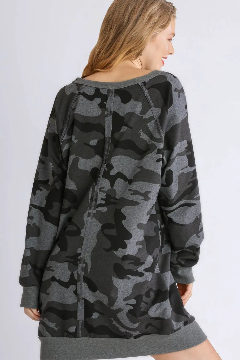 Umgee Full Size Camo Print Ribbed Hem French Terry Mini Dress Plus Size - Codrington Expressions 
