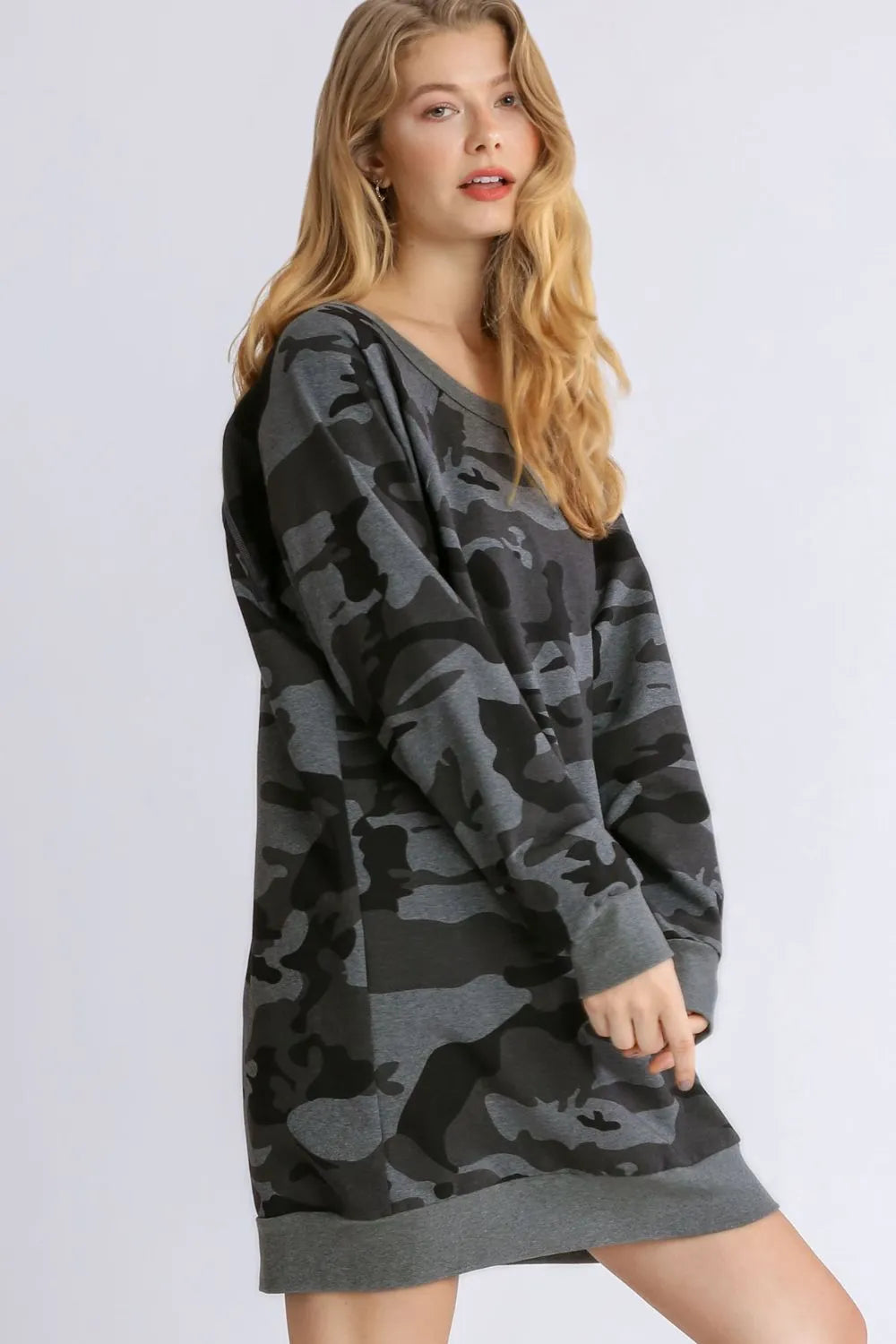 Umgee Full Size Camo Print Ribbed Hem French Terry Mini Dress Plus Size - Codrington Expressions 
