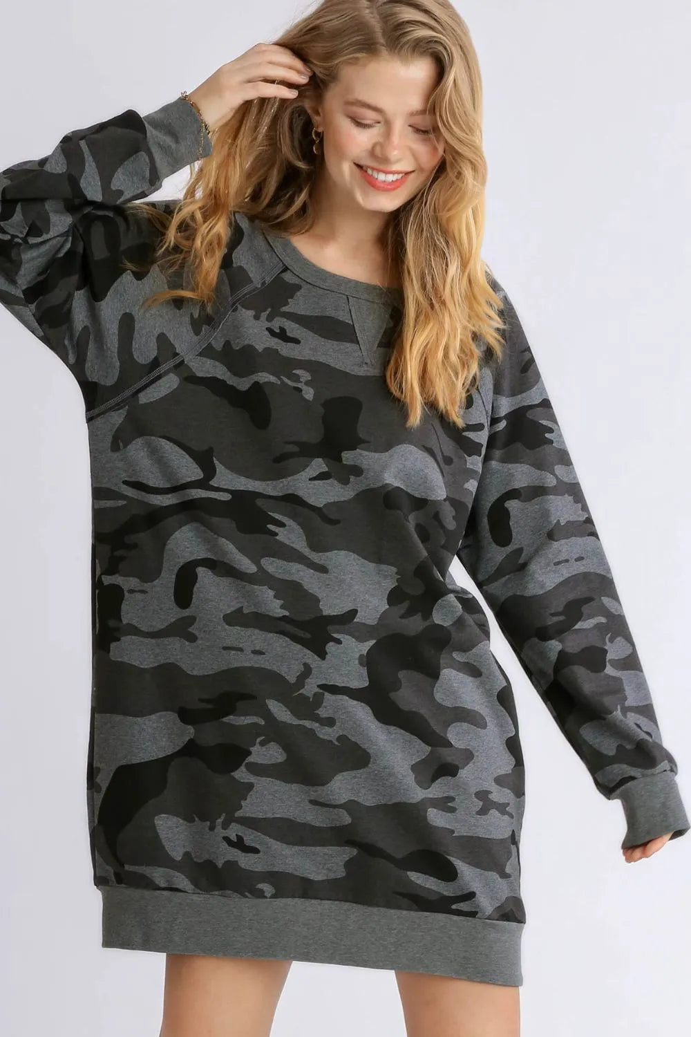 Umgee Full Size Camo Print Ribbed Hem French Terry Mini Dress Plus Size - Codrington Expressions 