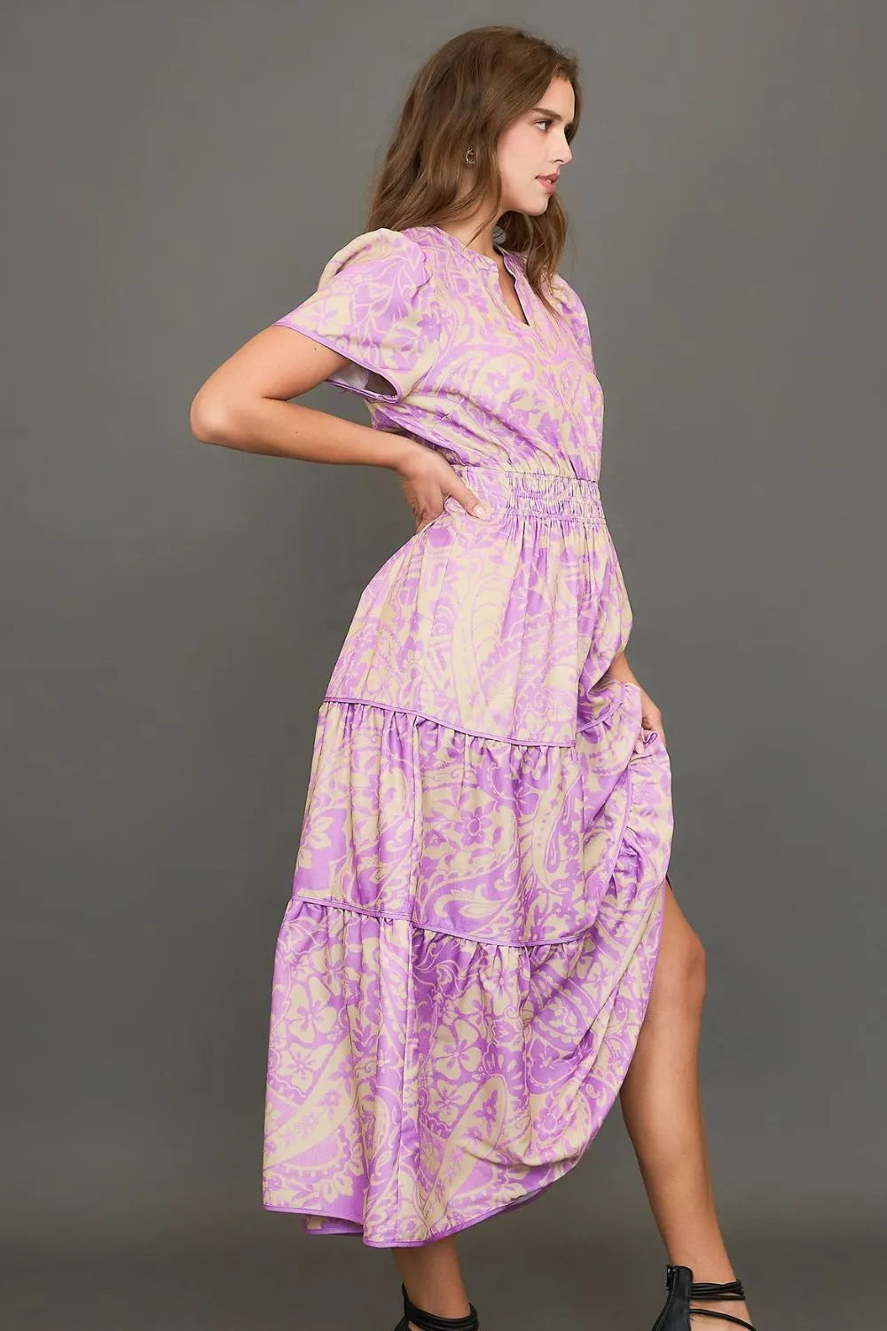 Umgee Full Size Printed Notched Short Sleeve Tiered Dress Plus Size - Codrington Expressions 