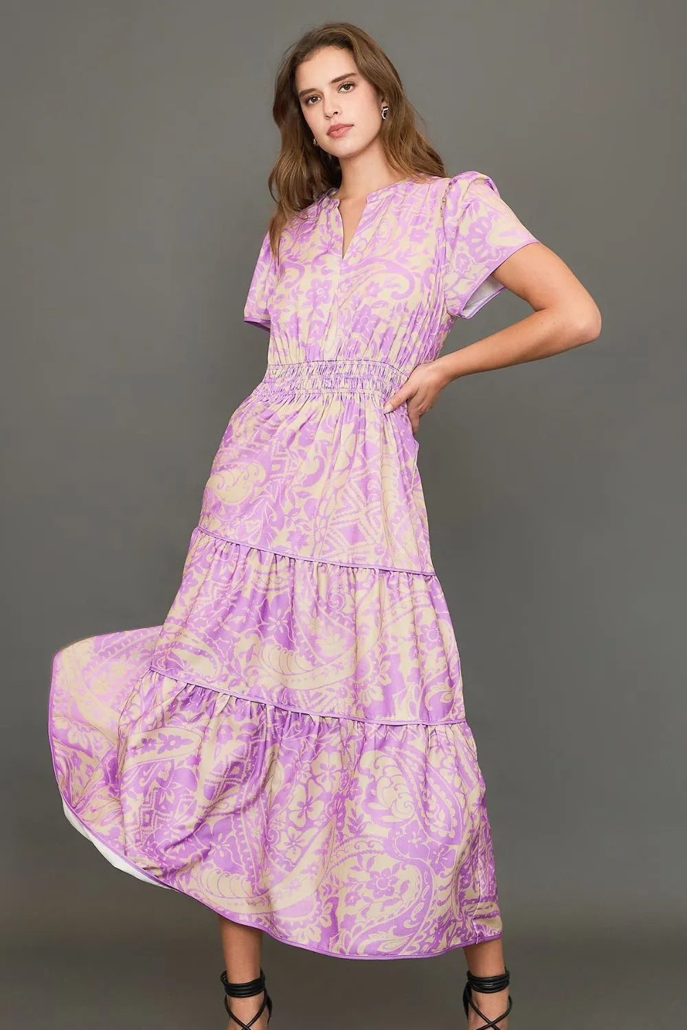 Umgee Full Size Printed Notched Short Sleeve Tiered Dress Plus Size - Codrington Expressions 