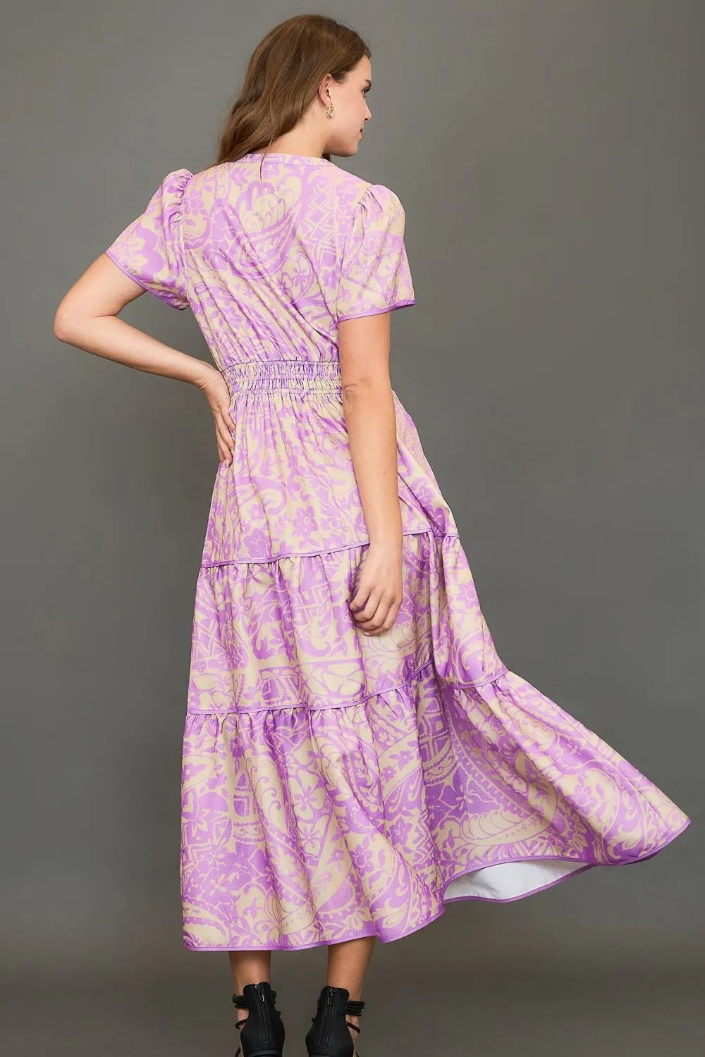 Umgee Full Size Printed Notched Short Sleeve Tiered Dress Plus Size - Codrington Expressions 