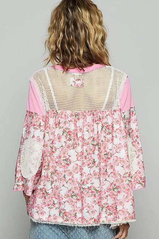 POL Washed Floral Print Crochet Detail Top - Codrington Expressions 