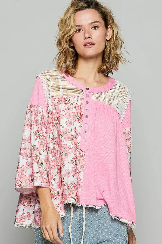POL Washed Floral Print Crochet Detail Top - Codrington Expressions 
