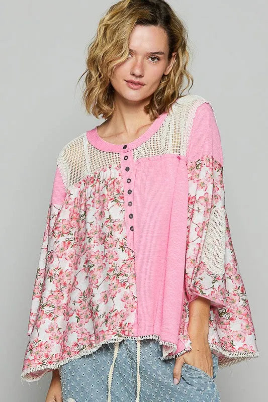 POL Washed Floral Print Crochet Detail Top - Codrington Expressions 