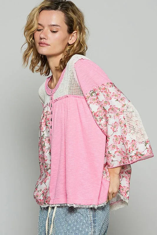 POL Washed Floral Print Crochet Detail Top - Codrington Expressions 