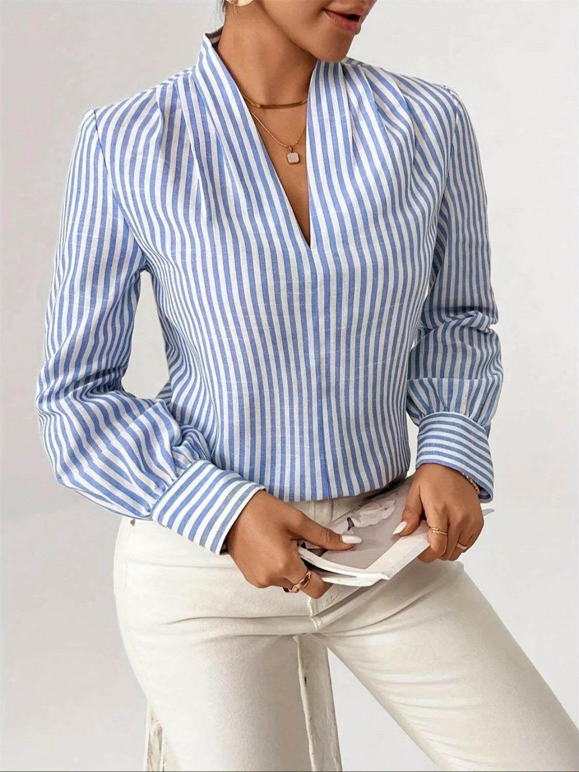 Striped Button Detail Long Sleeve Shirt - Codrington Expressions 