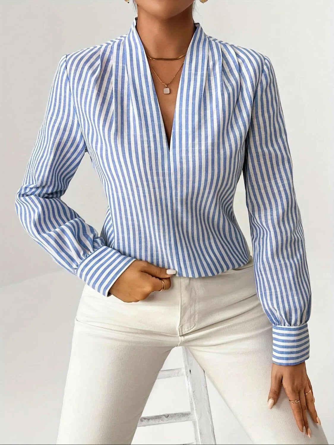 Striped Button Detail Long Sleeve Shirt - Codrington Expressions 