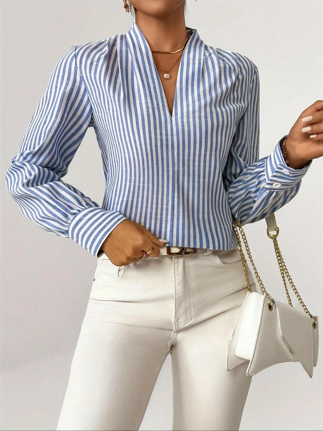Striped Button Detail Long Sleeve Shirt - Codrington Expressions 